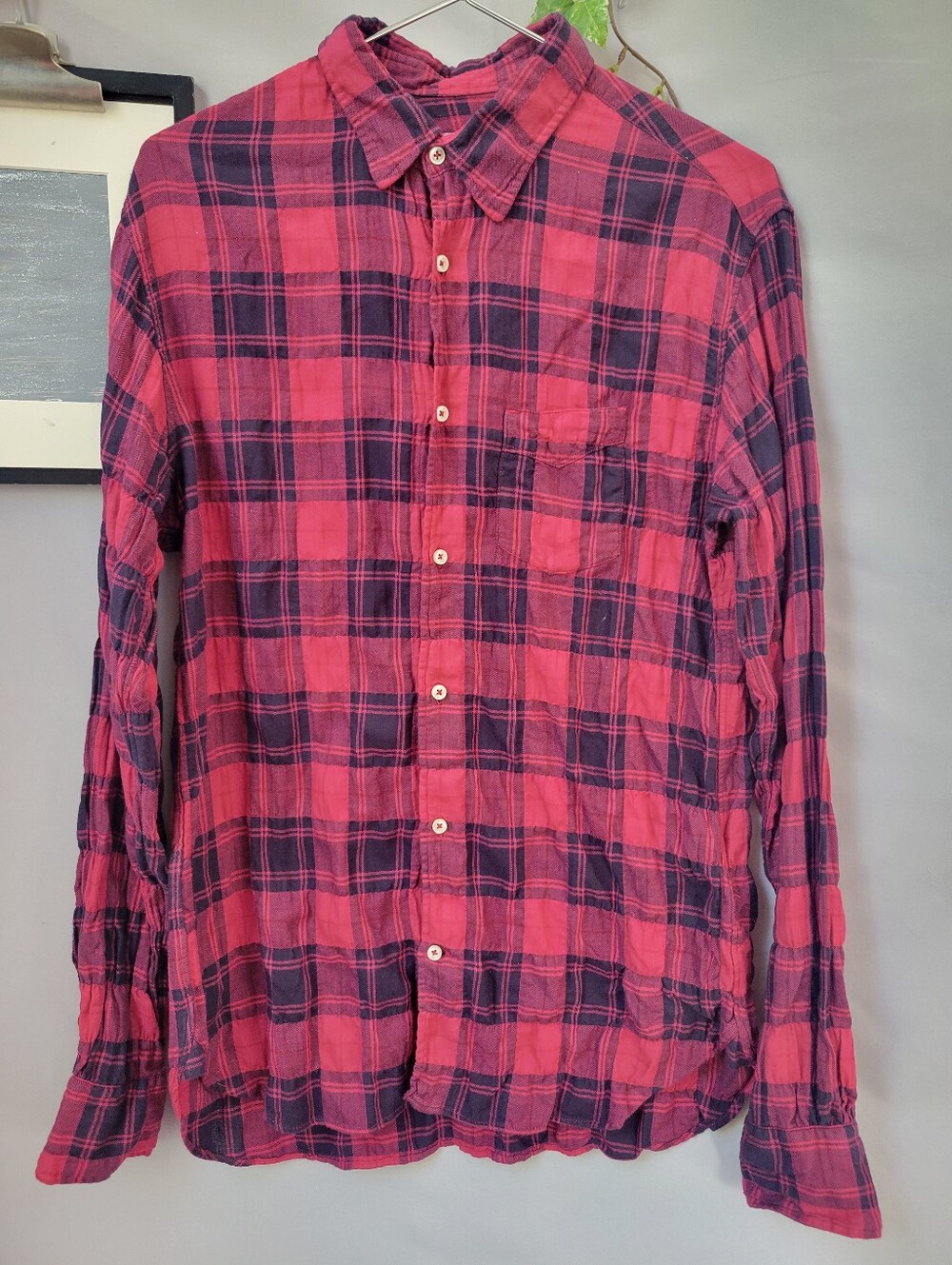 Officine Generale Crinkled Plaid Checked Cotton Button Up Shirt M